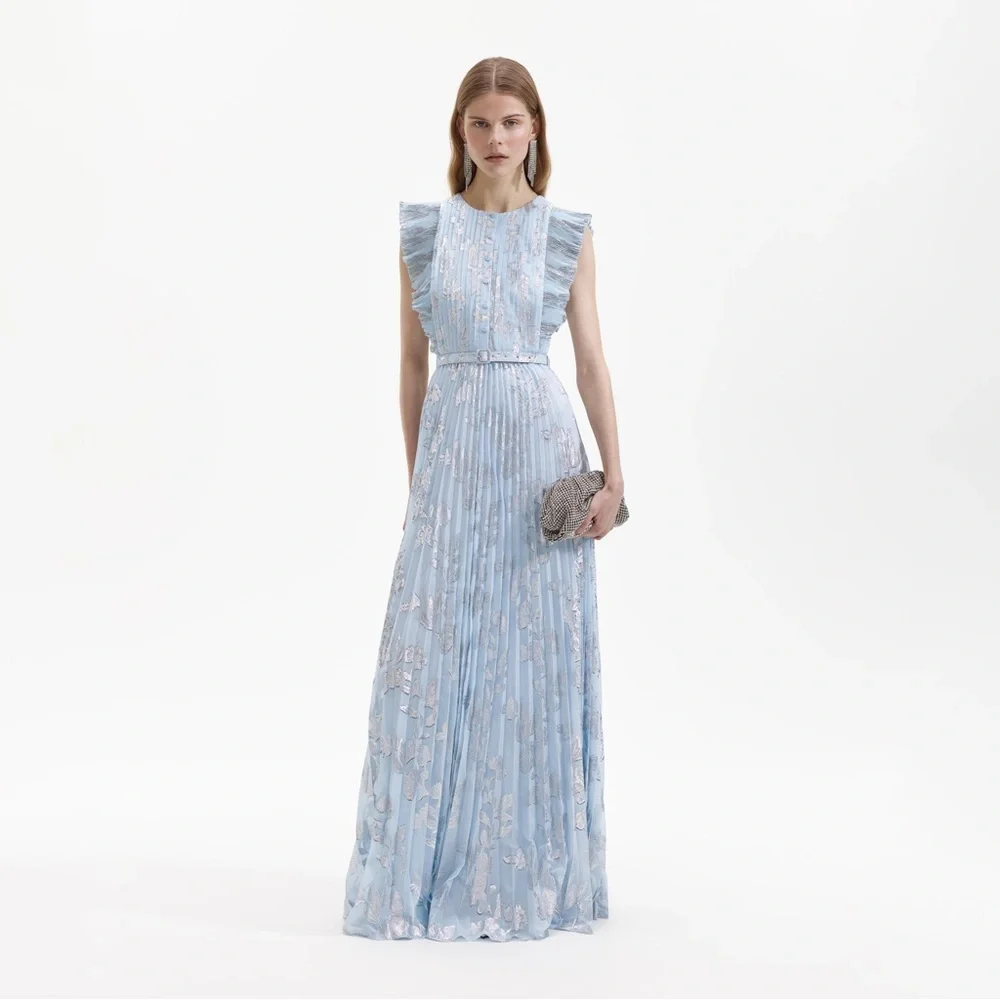 Self-Portrait Blue and Silver Flutter Sleeve Gown - Picture 1 of 7